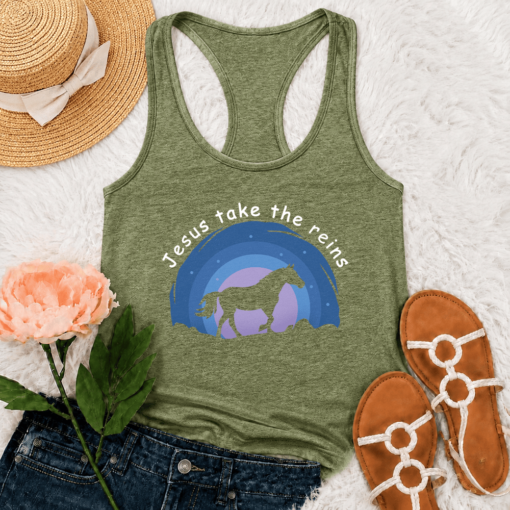 Christianartworkshop Cowgirl Wild Horse Jesus Take The Reins Racerback Tank Top - Verde oliva - 2XL - image 18