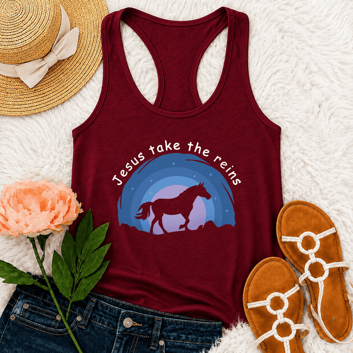 Christianartworkshop Cowgirl Wild Horse Jesus Take The Reins Racerback Tank Top - Vino - 2XL - image 0