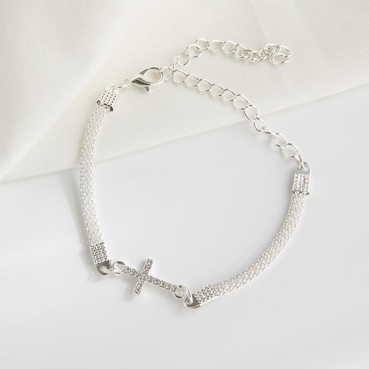 Christianartworkshop Braccialetto giornaliero con delicata croce a croce in maglia intrecciata e cristalli incastonati lateralmente: un promemoria della Divina Misericordia durante la meditazione silenziosa. - image 2
