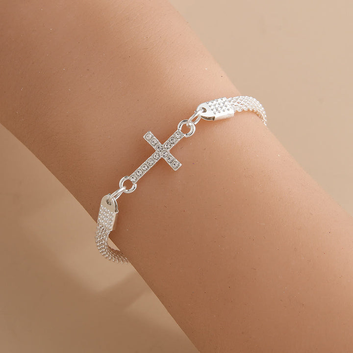 Christianartworkshop Braccialetto giornaliero con delicata croce a croce in maglia intrecciata e cristalli incastonati lateralmente: un promemoria della Divina Misericordia durante la meditazione silenziosa. - Argento - image 0