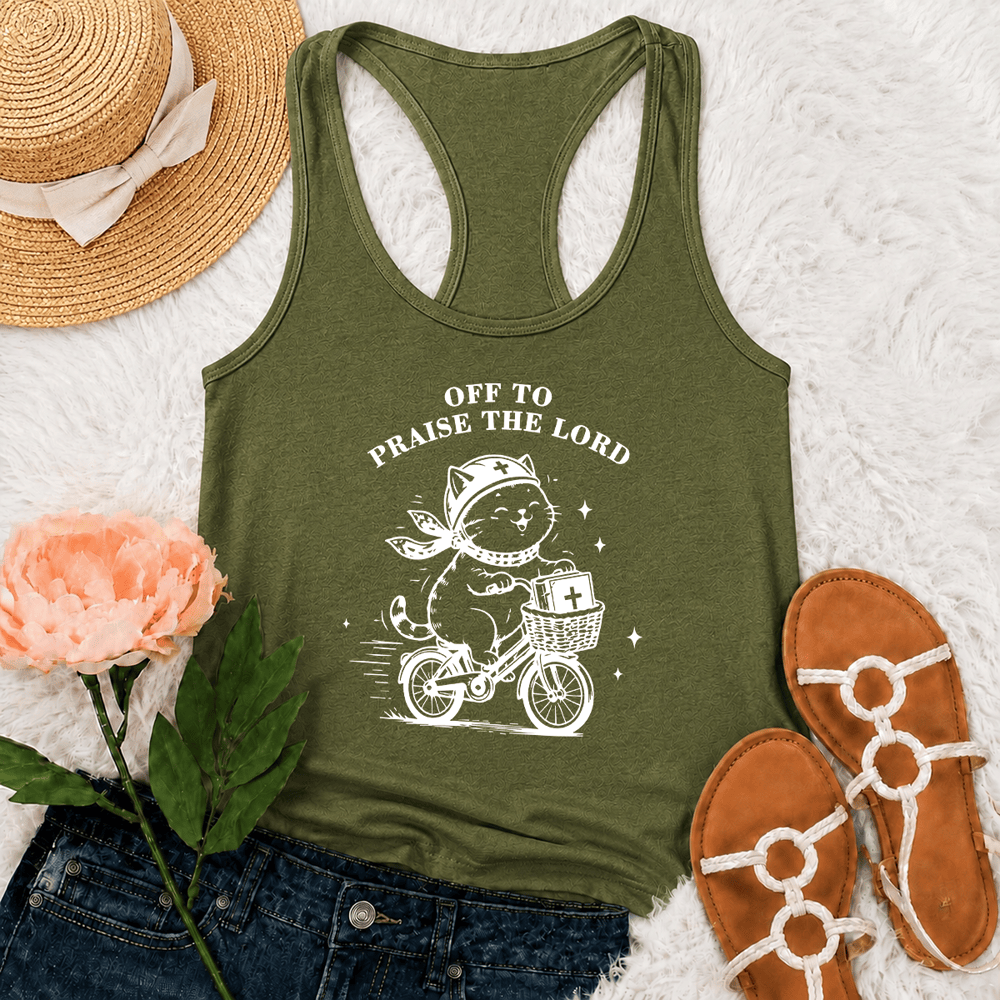Christianartworkshop Canotta sportiva con spalline incrociate sul retro e gatto carino che loda il Signore - Verde militare - 2XL - image 18