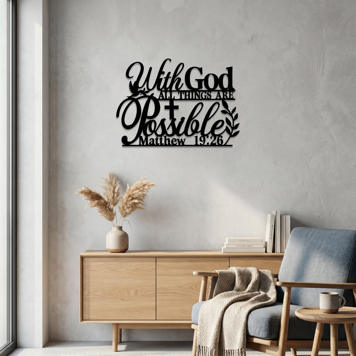 Christianartworkshop Decorazione murale in metallo con colomba e vite incrociate "Con Dio tutto è possibile": emblema di grazia e speranza sconfinate. - image 3