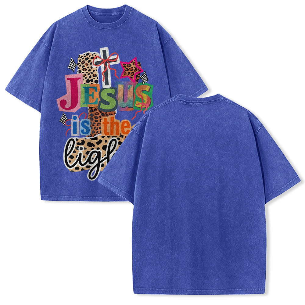 Christianartworkshop T-shirt unisex lavata con grafica leopardata, croce, fiocco e stella "Jesus Is The Light". - Blu - 5XL - image 25