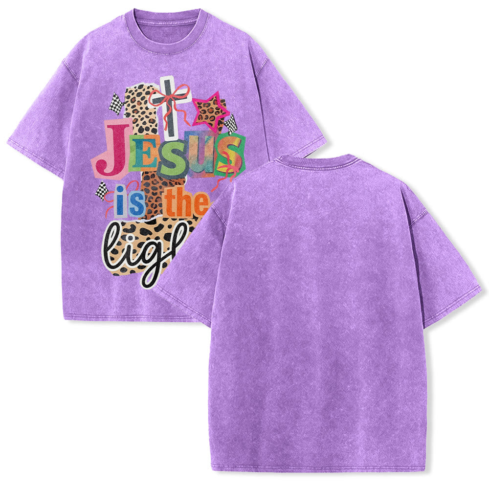 Christianartworkshop T-shirt unisex lavata con grafica leopardata, croce, fiocco e stella "Jesus Is The Light". - Viola - 5XL - image 22