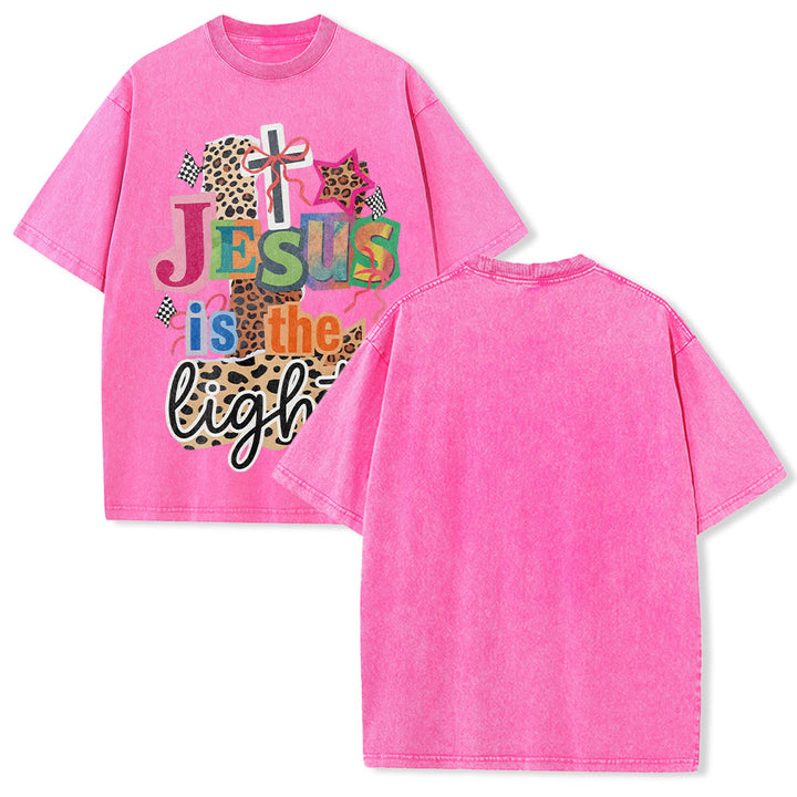 Christianartworkshop T-shirt unisex lavata con grafica leopardata, croce, fiocco e stella "Jesus Is The Light". - Rosa - 5XL - image 19