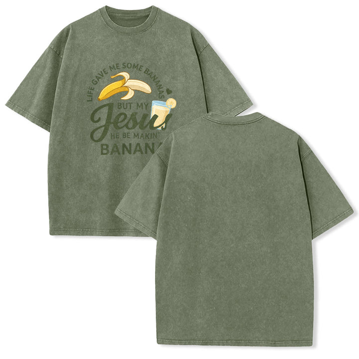 Christianartworkshop La vita mi ha dato delle banane, ma il mio Gesù prepara una bevanda alla banana. Maglietta unisex lavata con grafica "Life Give Me Bananas But My Jesus Makes Banana Drink". - Verde militare - 5XL - image 10