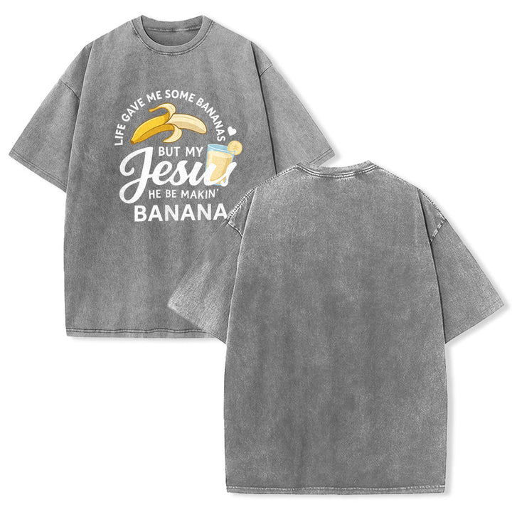 Christianartworkshop La vita mi ha dato delle banane, ma il mio Gesù prepara una bevanda alla banana. Maglietta unisex lavata con grafica "Life Give Me Bananas But My Jesus Makes Banana Drink". - Grigio - 5XL - image 7