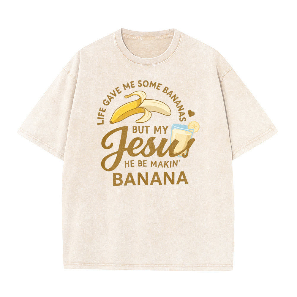 Christianartworkshop La vita mi ha dato delle banane, ma il mio Gesù prepara una bevanda alla banana. Maglietta unisex lavata con grafica "Life Give Me Bananas But My Jesus Makes Banana Drink". - image 2