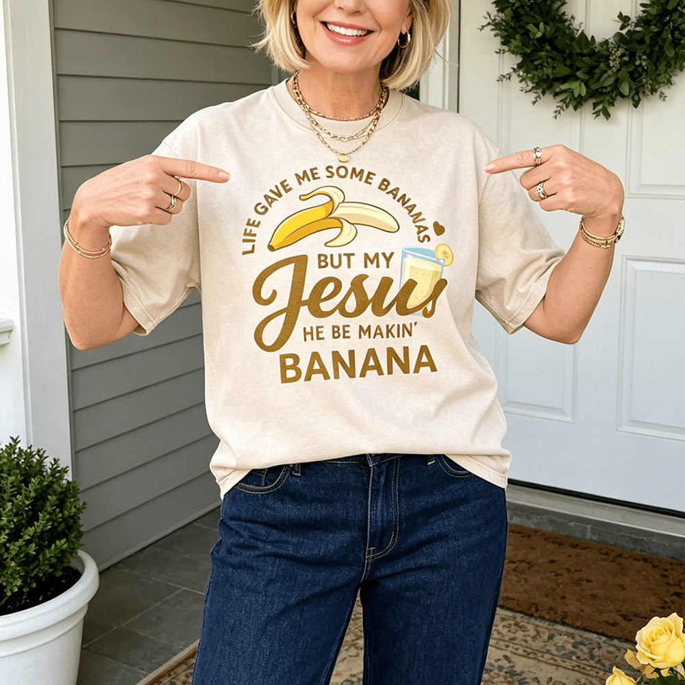 Christianartworkshop La vita mi ha dato delle banane, ma il mio Gesù prepara una bevanda alla banana. Maglietta unisex lavata con grafica "Life Give Me Bananas But My Jesus Makes Banana Drink". - image 0
