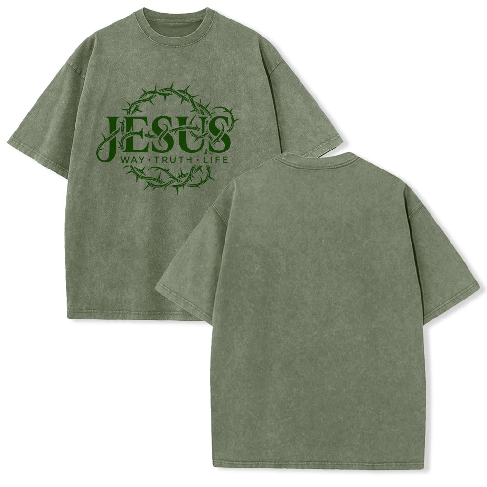 Christianartworkshop Maglietta unisex lavata con grafica circolare "Jesus Way Truth Life Crown Of Thorns" - Verde militare - 5XL - image 7