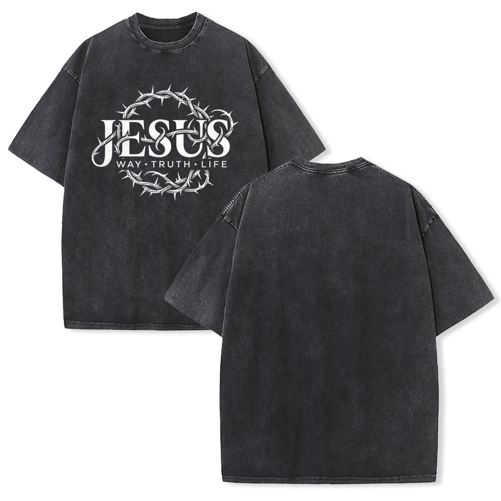 Christianartworkshop Maglietta unisex lavata con grafica circolare "Jesus Way Truth Life Crown Of Thorns" - Nero - 5XL - image 1