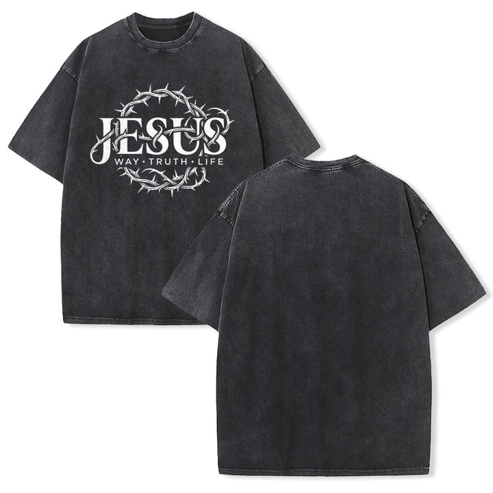 Christianartworkshop Maglietta unisex lavata con grafica circolare "Jesus Way Truth Life Crown Of Thorns" - Nero - 5XL - image 1