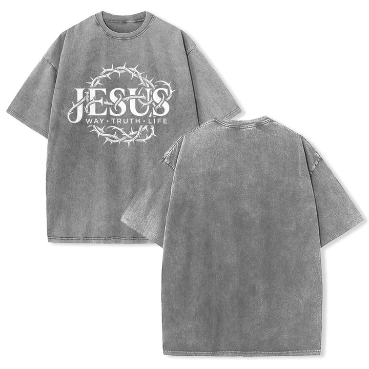 Christianartworkshop Maglietta unisex lavata con grafica circolare "Jesus Way Truth Life Crown Of Thorns" - Grigio - 5XL - image 4