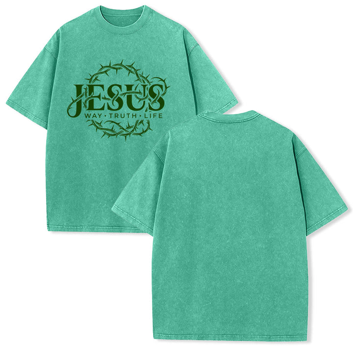 Christianartworkshop Maglietta unisex lavata con grafica circolare "Jesus Way Truth Life Crown Of Thorns" - Verde - 5XL - image 10