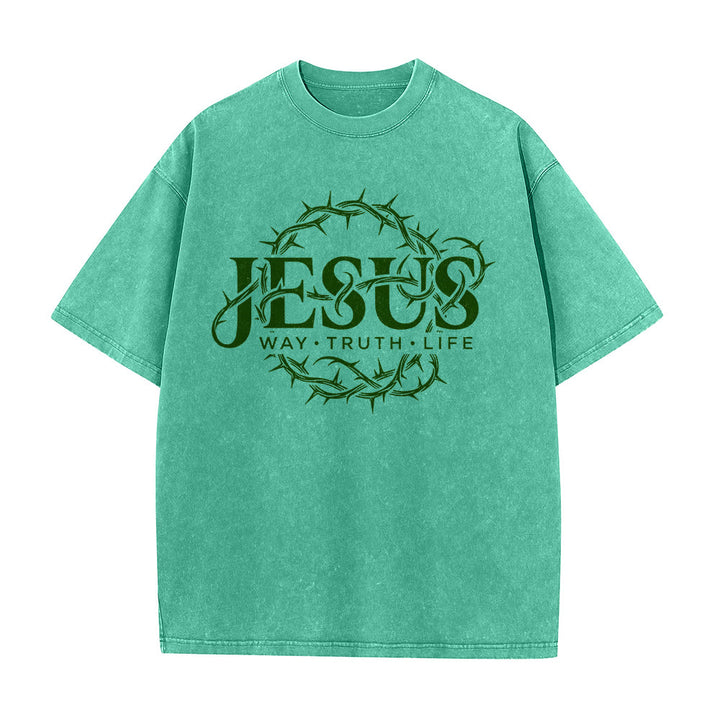 Christianartworkshop Maglietta unisex lavata con grafica circolare "Jesus Way Truth Life Crown Of Thorns" - image 11