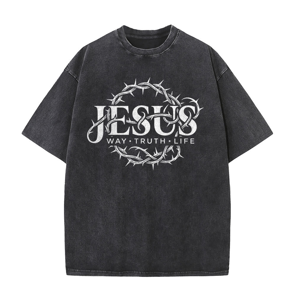 Christianartworkshop Maglietta unisex lavata con grafica circolare "Jesus Way Truth Life Crown Of Thorns" - image 2