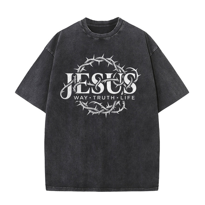 Christianartworkshop Maglietta unisex lavata con grafica circolare "Jesus Way Truth Life Crown Of Thorns" - image 2
