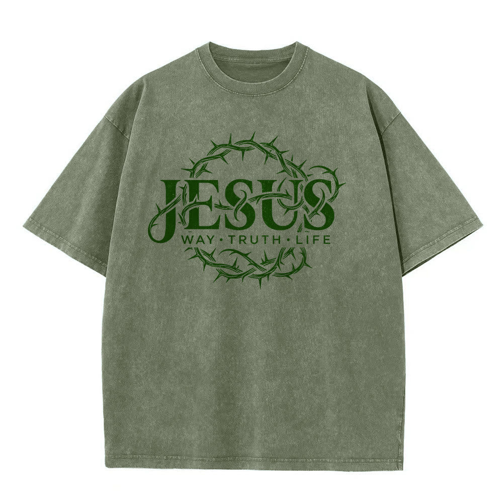 Christianartworkshop Maglietta unisex lavata con grafica circolare "Jesus Way Truth Life Crown Of Thorns" - image 8