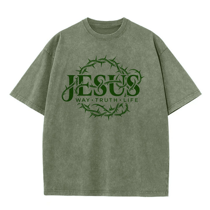 Christianartworkshop Maglietta unisex lavata con grafica circolare "Jesus Way Truth Life Crown Of Thorns" - image 8
