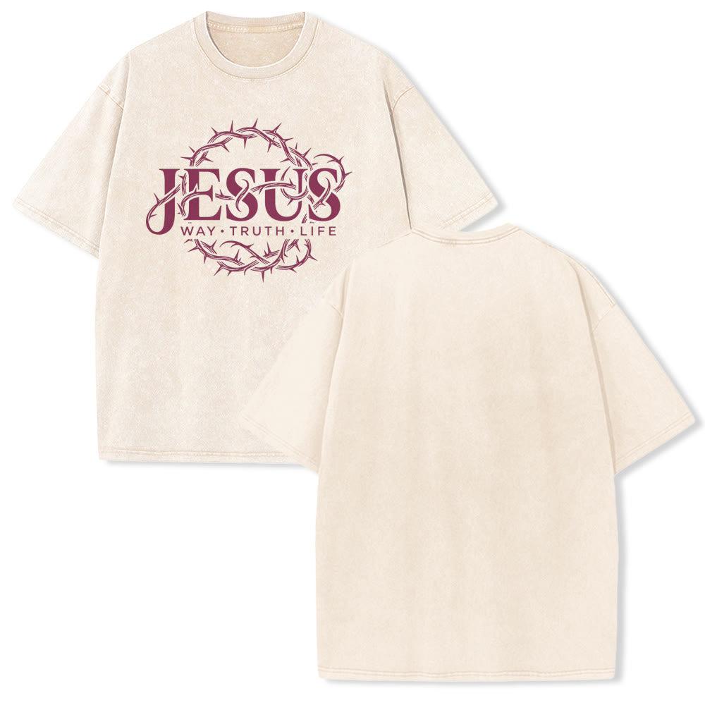 Christianartworkshop Maglietta unisex lavata con grafica circolare "Jesus Way Truth Life Crown Of Thorns" - Beige - 5XL - image 16