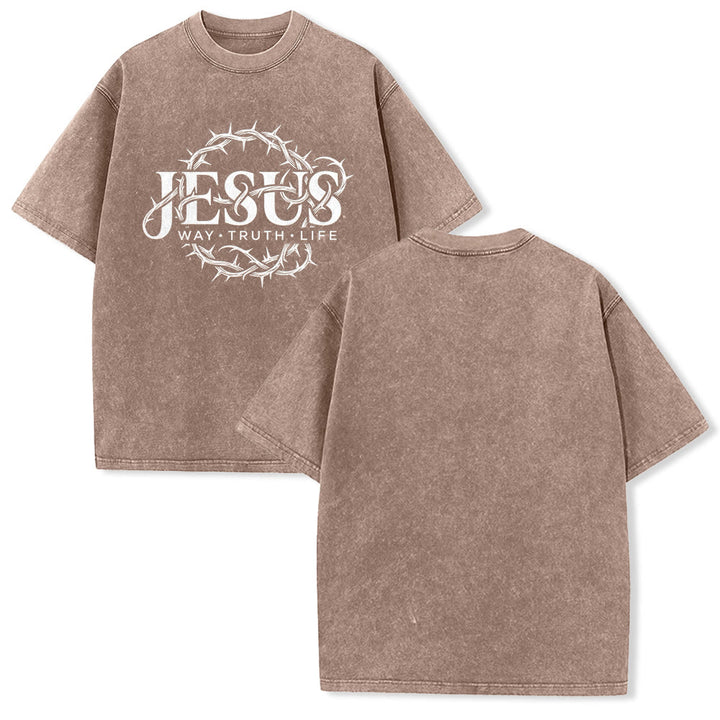 Christianartworkshop Maglietta unisex lavata con grafica circolare "Jesus Way Truth Life Crown Of Thorns" - Marrone - 5XL - image 13