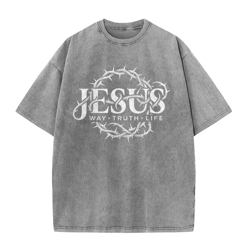 Christianartworkshop Maglietta unisex lavata con grafica circolare "Jesus Way Truth Life Crown Of Thorns" - image 5