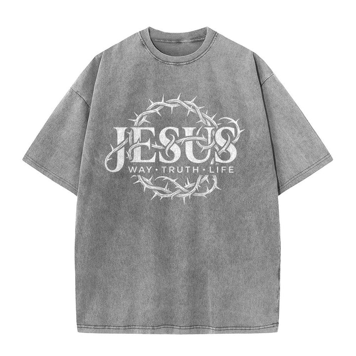 Christianartworkshop Maglietta unisex lavata con grafica circolare "Jesus Way Truth Life Crown Of Thorns" - image 5