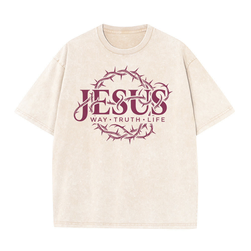 Christianartworkshop Maglietta unisex lavata con grafica circolare "Jesus Way Truth Life Crown Of Thorns" - image 17