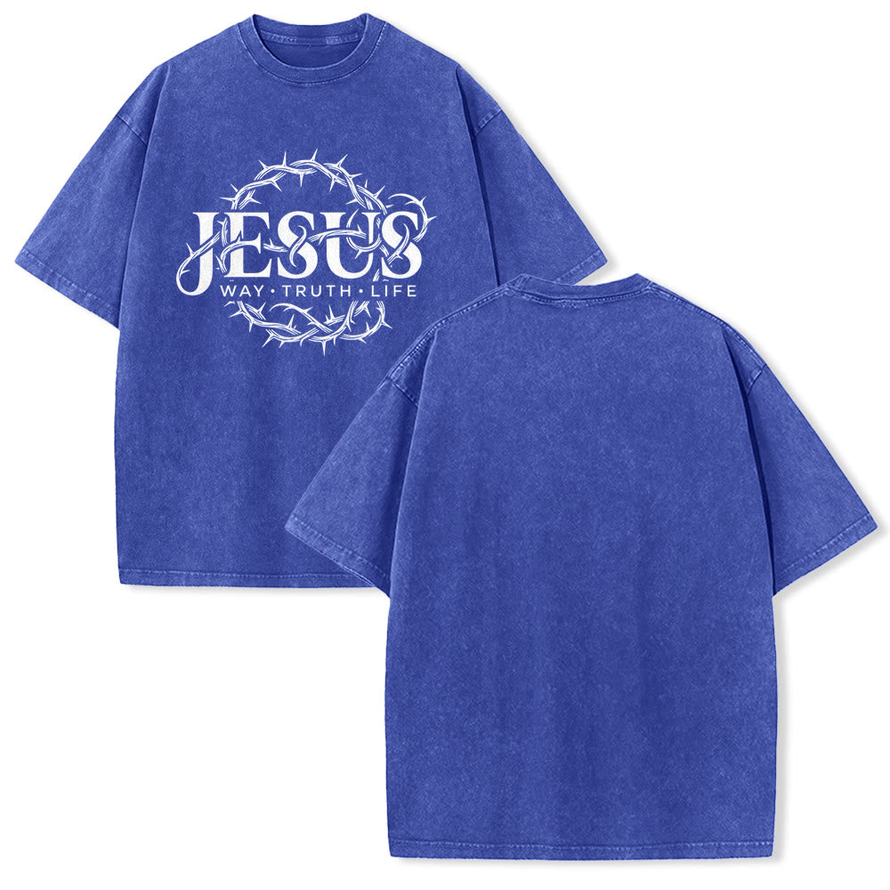 Christianartworkshop Maglietta unisex lavata con grafica circolare "Jesus Way Truth Life Crown Of Thorns" - Blu - 5XL - image 25