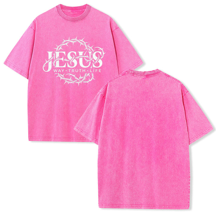 Christianartworkshop Maglietta unisex lavata con grafica circolare "Jesus Way Truth Life Crown Of Thorns" - Rosa - 5XL - image 19