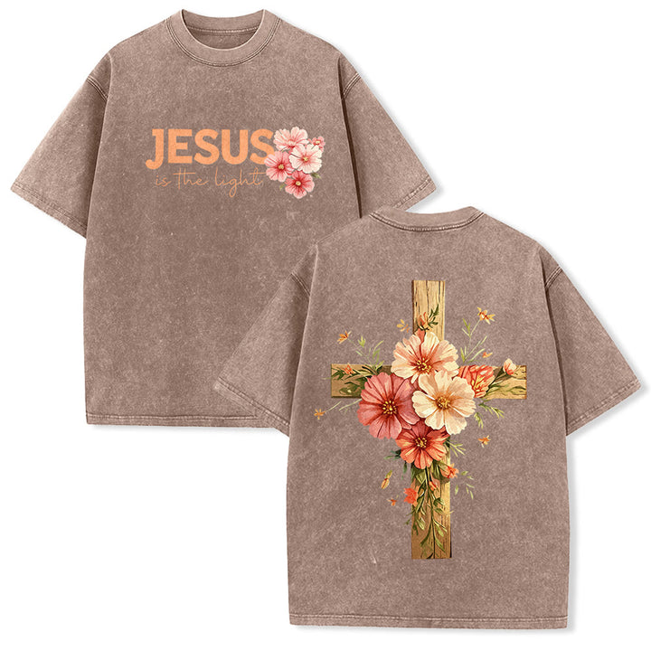 Christianartworkshop T-shirt unisex lavata con grafica floreale a croce su entrambi i lati "Gesù è la luce". - Marrone - 5XL - image 13