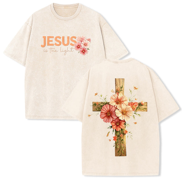 Christianartworkshop T-shirt unisex lavata con grafica floreale a croce su entrambi i lati "Gesù è la luce". - Beige - 5XL - image 16