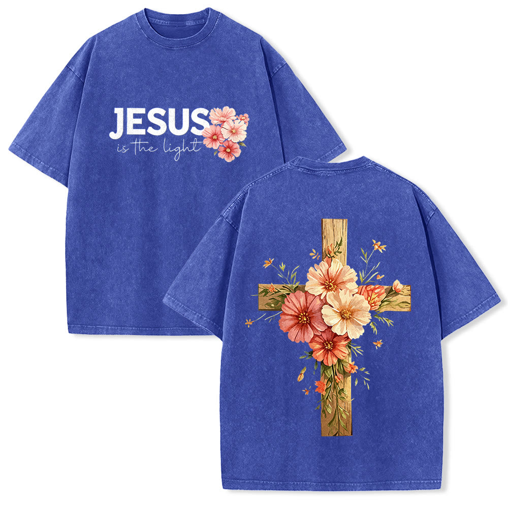 Christianartworkshop T-shirt unisex lavata con grafica floreale a croce su entrambi i lati "Gesù è la luce". - Blu - 5XL - image 25