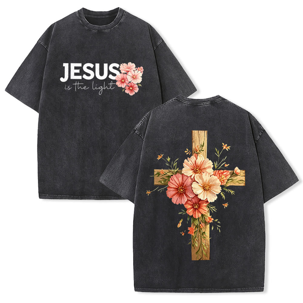 Christianartworkshop T-shirt unisex lavata con grafica floreale a croce su entrambi i lati "Gesù è la luce". - Nero - 5XL - image 1
