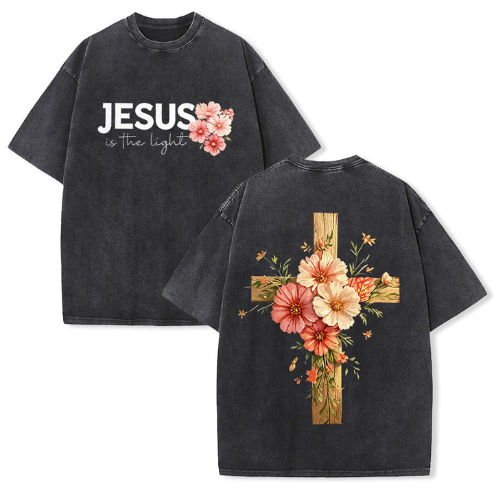 Christianartworkshop T-shirt unisex lavata con grafica floreale a croce su entrambi i lati "Gesù è la luce". - Nero - 5XL - image 1