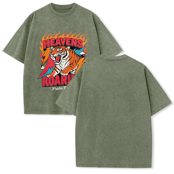 Christianartworkshop Maglietta unisex retrò con stampa "Heavens Roaring Tiger Flame Lightning Psalm 19:1" e motivo tigre ruggente. - Verde militare - 5XL - image 10