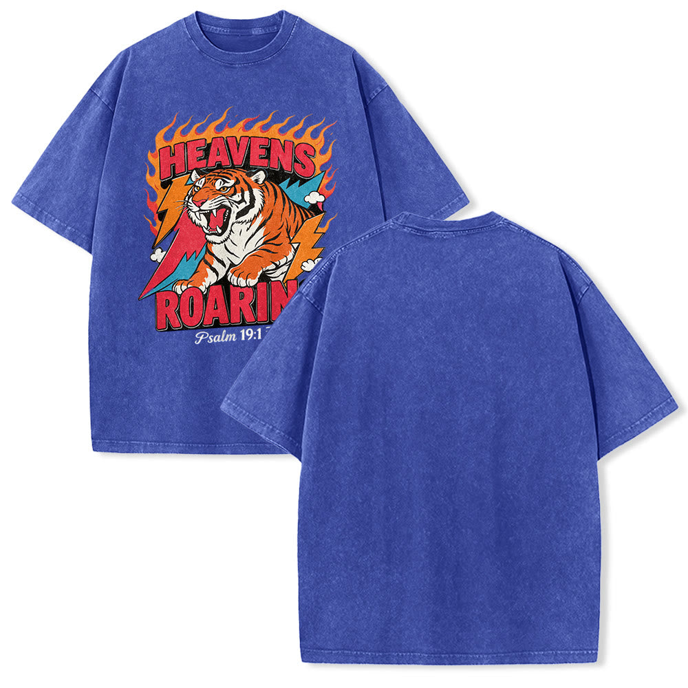 Christianartworkshop Maglietta unisex retrò con stampa "Heavens Roaring Tiger Flame Lightning Psalm 19:1" e motivo tigre ruggente. - Blu - 5XL - image 1