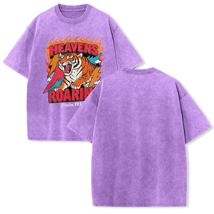 Christianartworkshop Maglietta unisex retrò con stampa "Heavens Roaring Tiger Flame Lightning Psalm 19:1" e motivo tigre ruggente. - Viola - 5XL - image 25