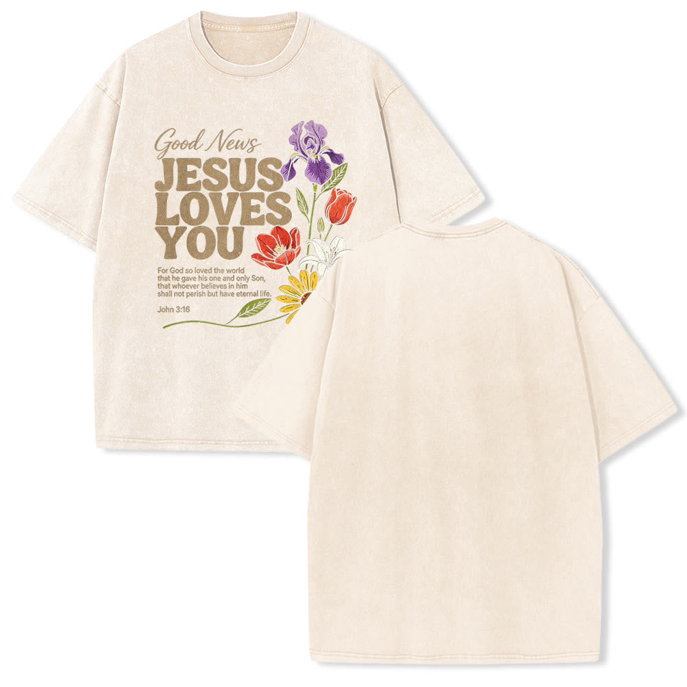 Christianartworkshop Buona notizia: Gesù ti ama. Maglietta unisex vintage lavata con stampa floreale mista Giovanni 3:16. - Beige - 5XL - image 1