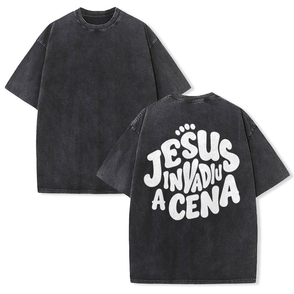 Christianartworkshop Jesus Invadiu A Cena Bubble Letter Back Print Vintage Washed Unisex T-Shirt - Nero - 5XL - image 1