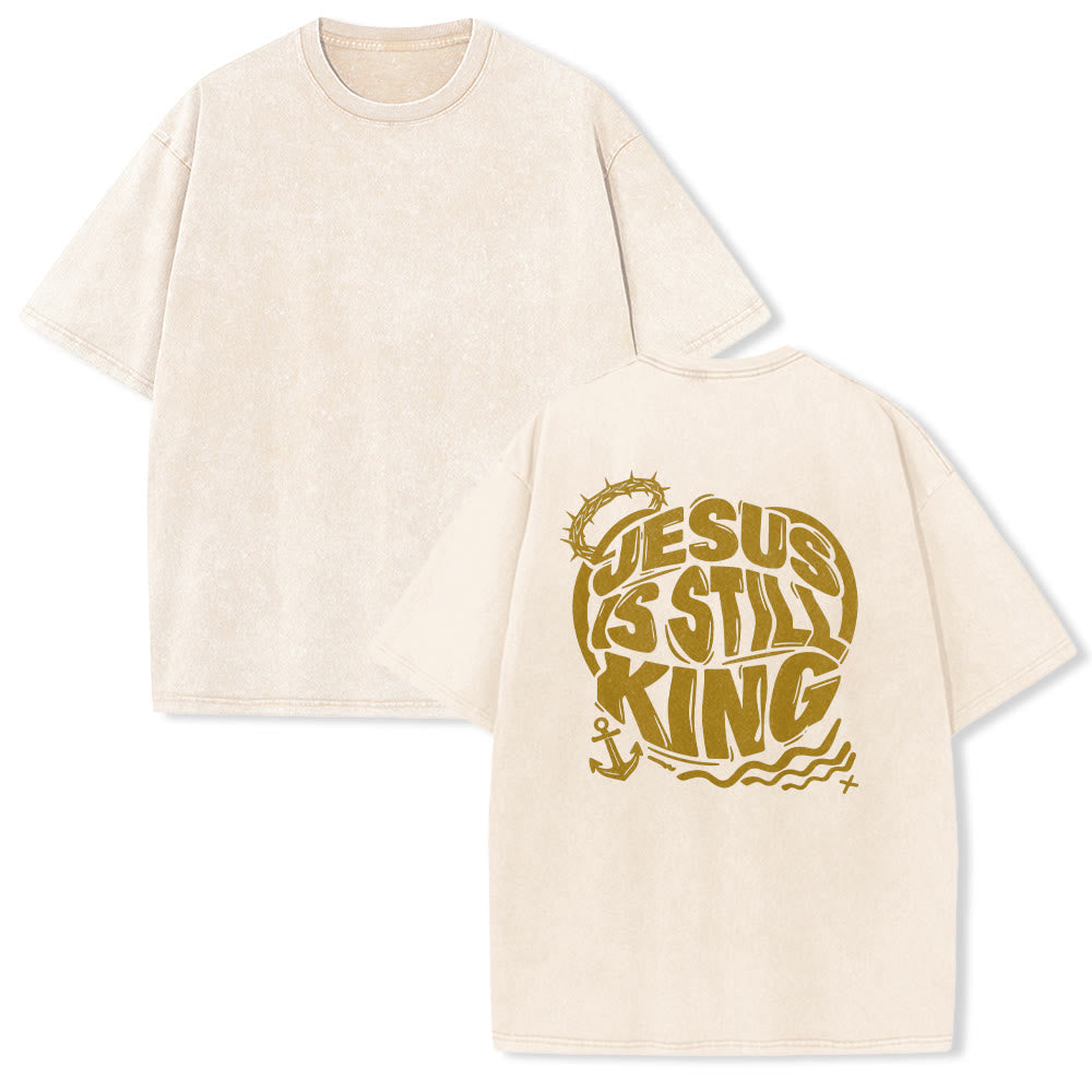 Christianartworkshop Jesus Is Still King Crown Of Thorns Anchor Wave Couple Matching Back Print Vintage Washed Unisex T-Shirt - Beige - 5XL - image 1