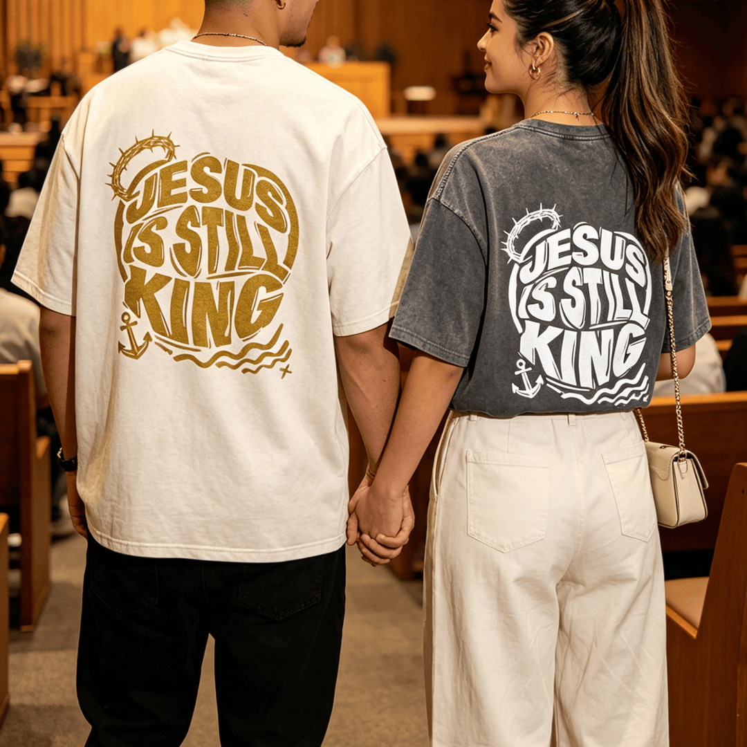 Christianartworkshop Jesus Is Still King Crown Of Thorns Anchor Wave Couple Matching Back Print Vintage Washed Unisex T-Shirt - image 0