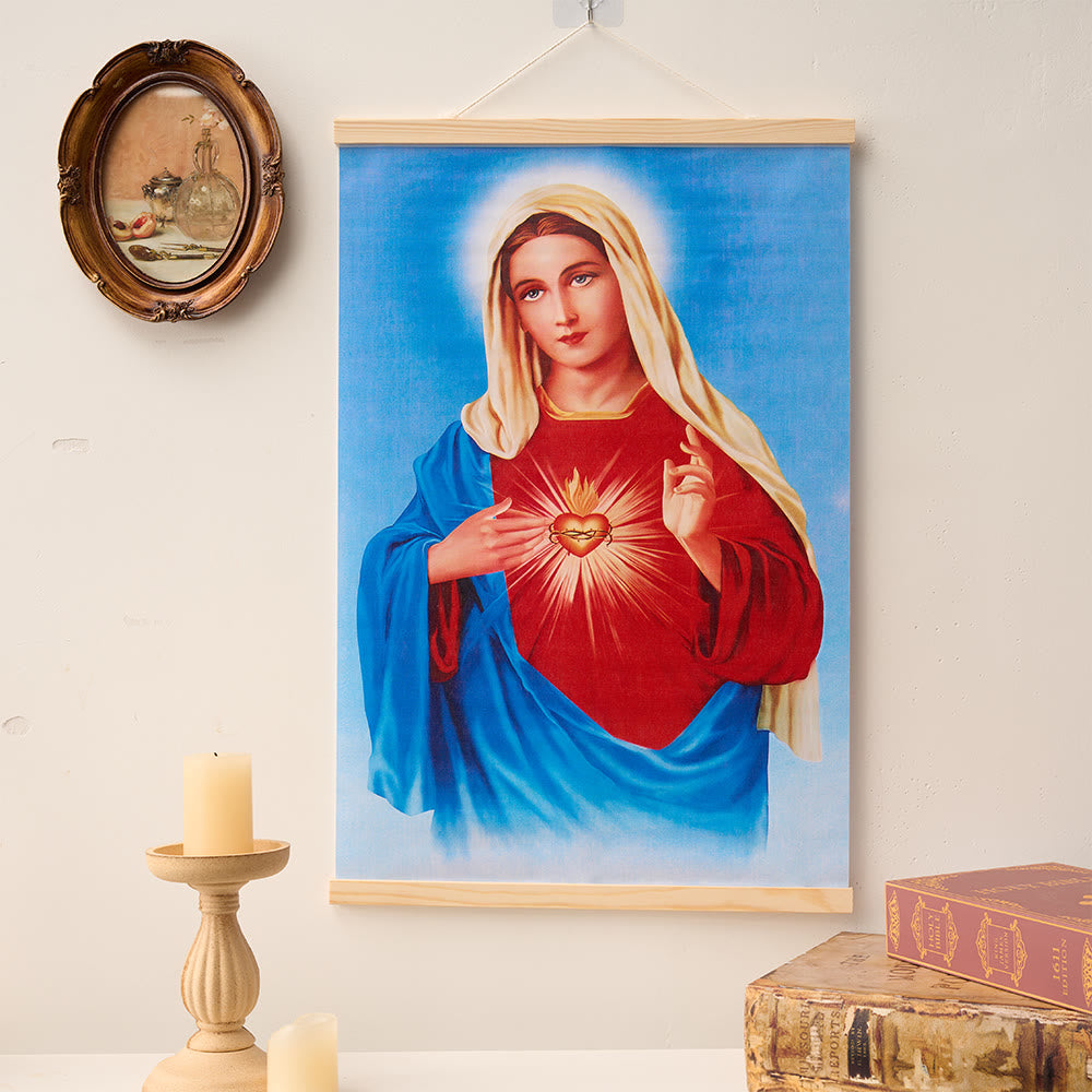 Christianartworkshop Quadro su tela con pergamena in legno naturale raffigurante il Cuore Immacolato, la Madonna, Gesù e la Sacra Famiglia. - Nostra Signora - 15,75''*24''/40*60cm - image 0