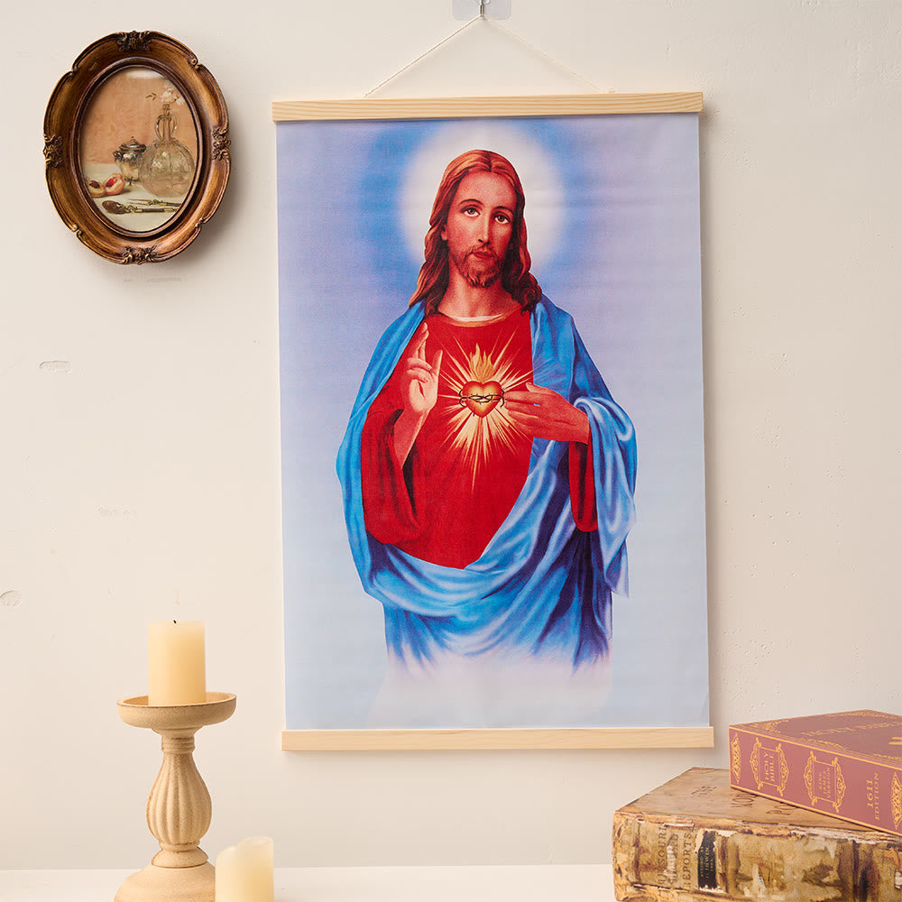 Christianartworkshop Quadro su tela con pergamena in legno naturale raffigurante il Cuore Immacolato, la Madonna, Gesù e la Sacra Famiglia. - Gesù - 15,75''*24''/40*60cm - image 2