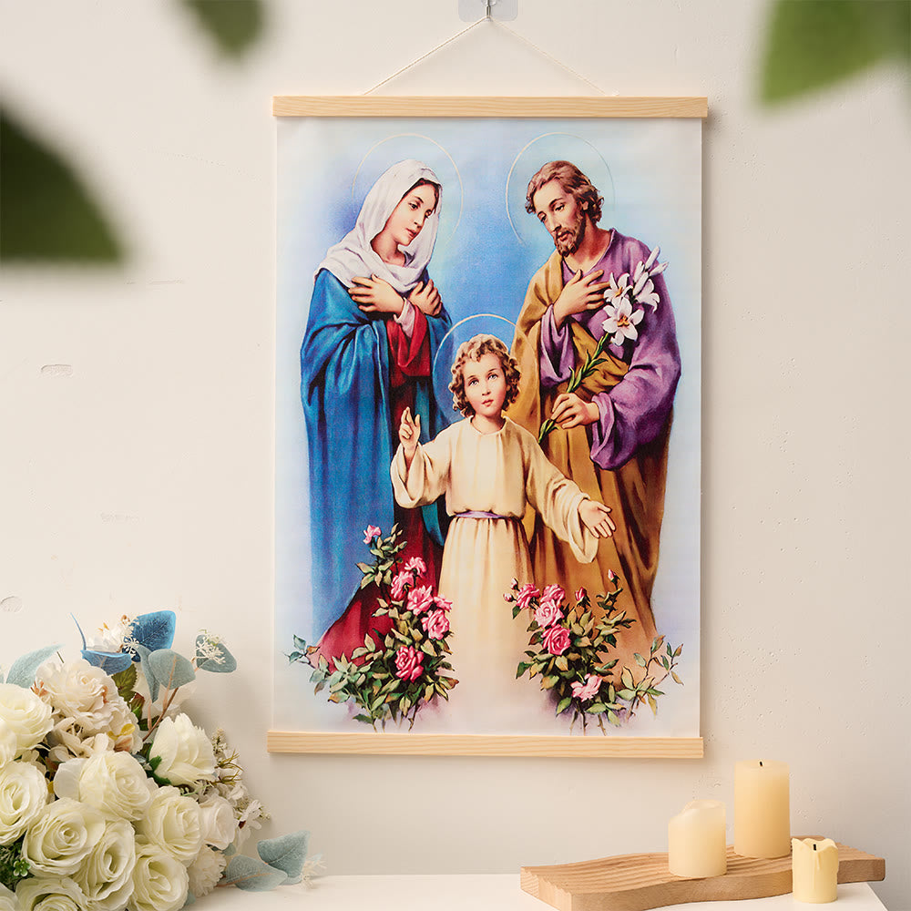 Christianartworkshop Quadro su tela con pergamena in legno naturale raffigurante il Cuore Immacolato, la Madonna, Gesù e la Sacra Famiglia. - image 5