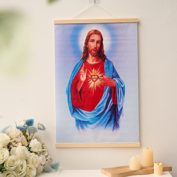 Christianartworkshop Quadro su tela con pergamena in legno naturale raffigurante il Cuore Immacolato, la Madonna, Gesù e la Sacra Famiglia. - image 3