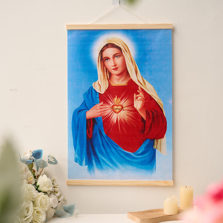 Christianartworkshop Quadro su tela con pergamena in legno naturale raffigurante il Cuore Immacolato, la Madonna, Gesù e la Sacra Famiglia. - image 1