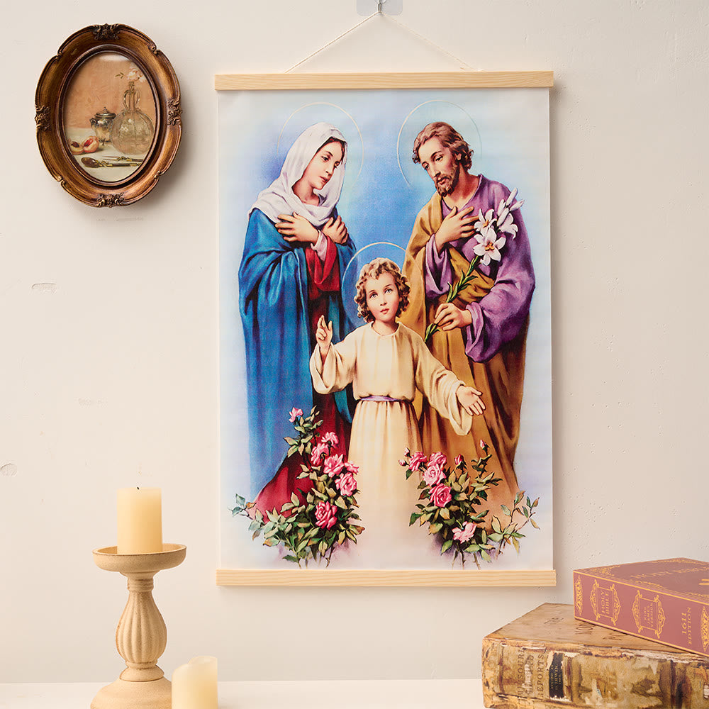 Christianartworkshop Quadro su tela con pergamena in legno naturale raffigurante il Cuore Immacolato, la Madonna, Gesù e la Sacra Famiglia. - Sacra Famiglia - 15,75''*24''/40*60cm - image 4