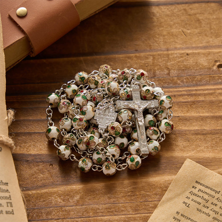 Christianartworkshop Rosario da preghiera con crocifisso a croce di Gerusalemme in cloisonné bianco con motivi floreali: emblema della grazia divina che protegge senza tempo. - Bianco - image 0