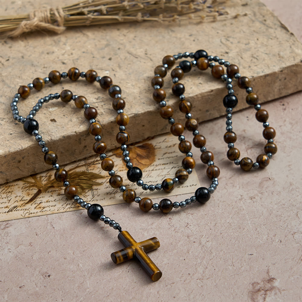 Christianartworkshop Rosario a croce solida in pietra naturale Occhio di Tigre e Ossidiana: Emblema della Grazia Divina Radicata e Stabilizzante - image 1